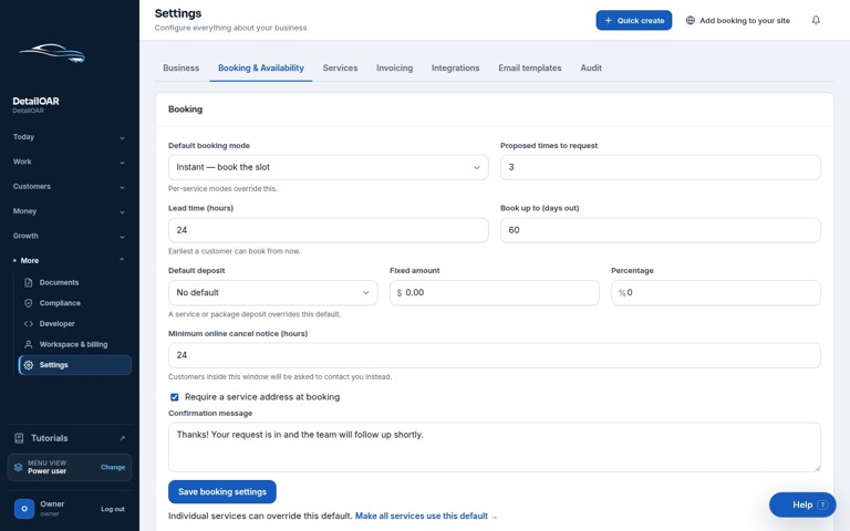 Online-booking setup showing visit modes, travel buffer, service area, capacity, and availability rules