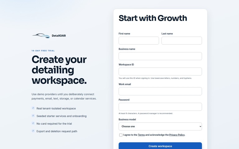 DetailOAR signup form with Workspace ID, owner, business-model, plan, and terms fields