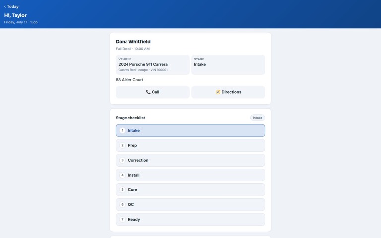 Seeded technician job sheet showing the vehicle, inspection checklist, timer, and workflow status