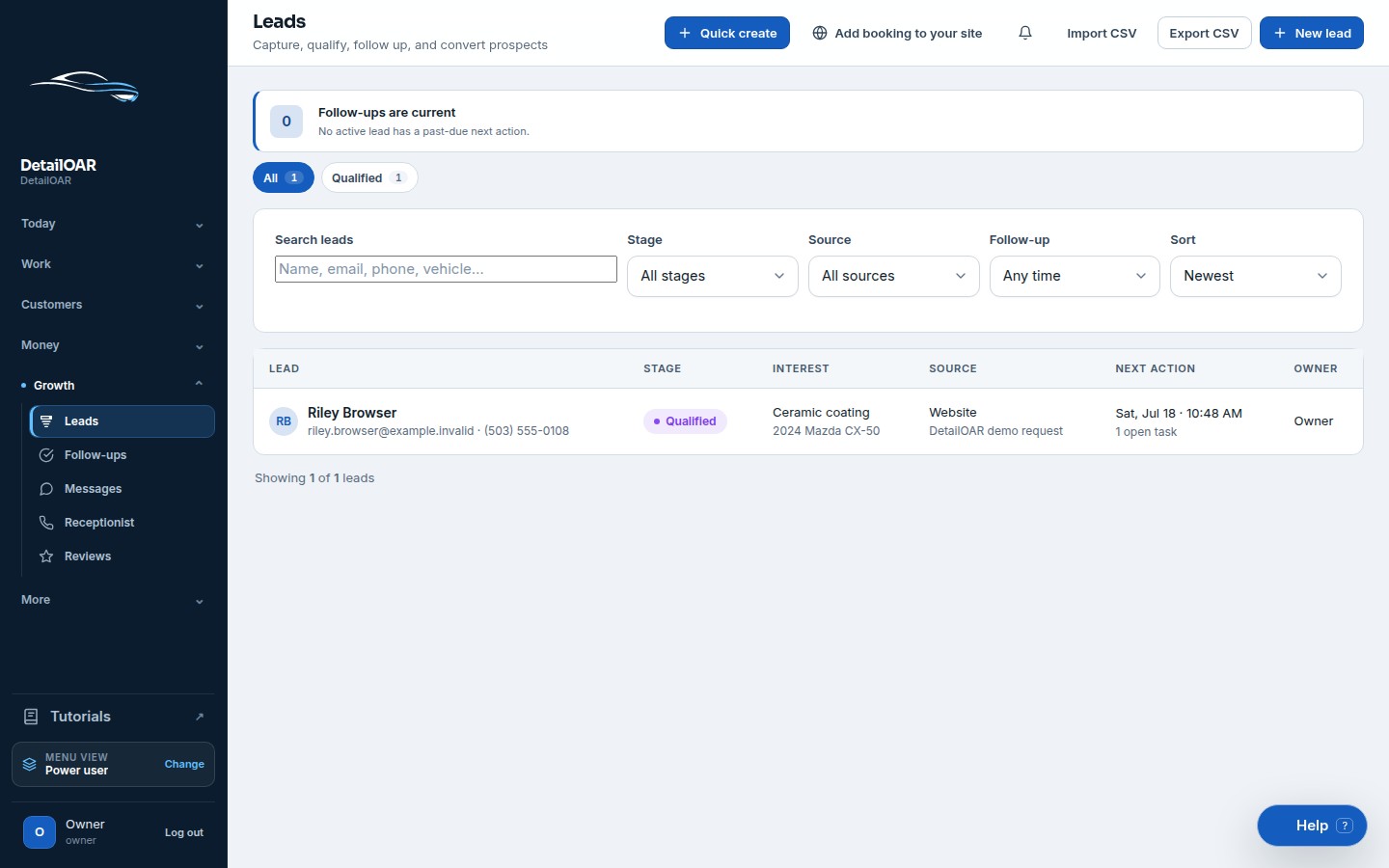 Seeded DetailOAR lead pipeline with stages and next actions