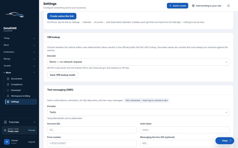 Messaging settings showing email and SMS provider status, consent controls, and test-delivery actions