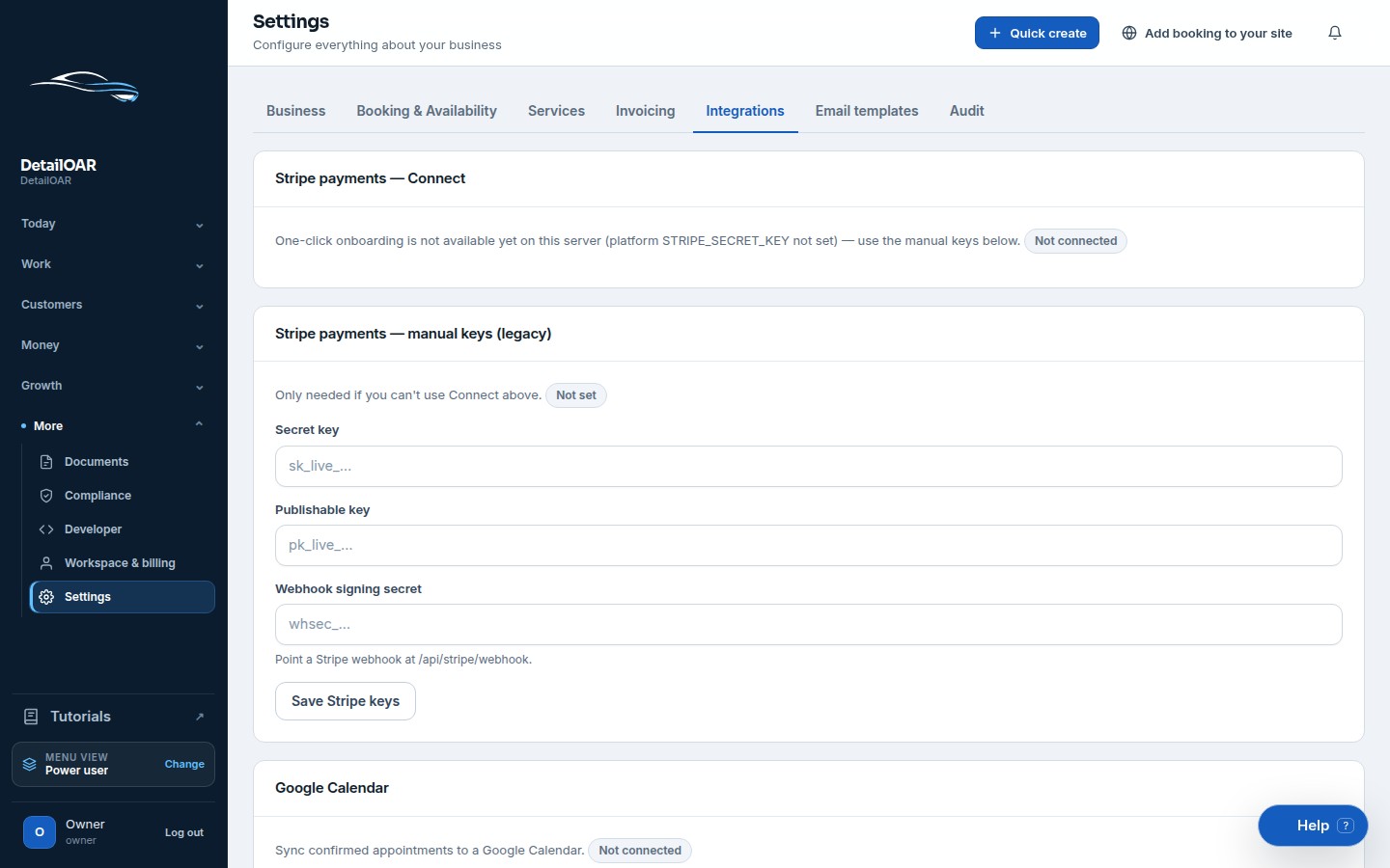 Seeded DetailOAR payment integration settings with explicit Stripe connection status