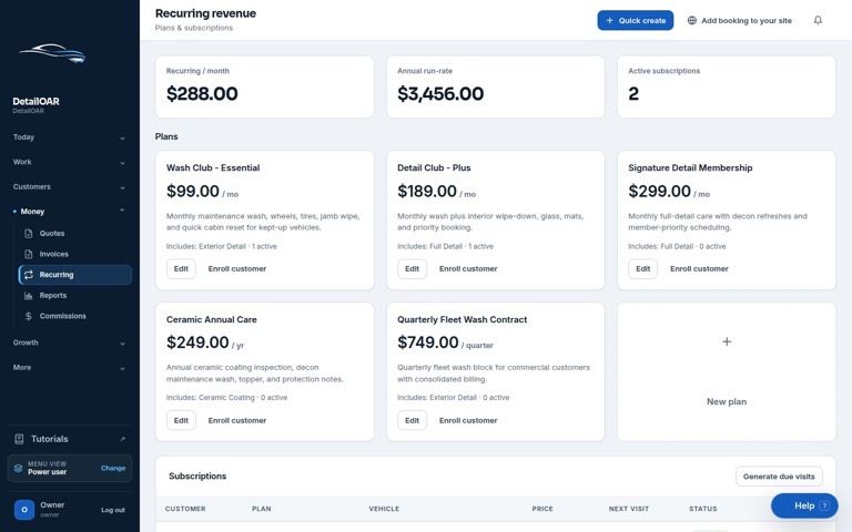 Maintenance plan catalog showing interval, included service, price, and active enrollment totals