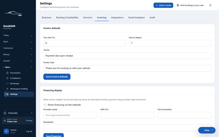 Invoice policy settings for tax, discounts, deposits, estimate expiration, and payment terms