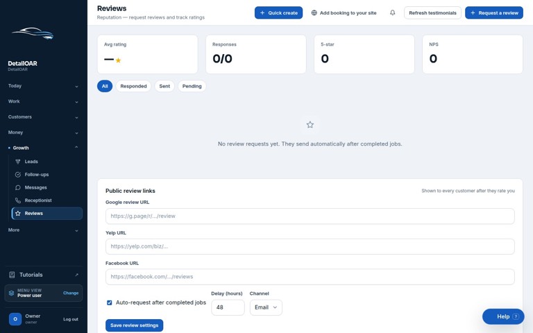 Review and retention settings showing destination, timing, rebooking, and reactivation safeguards