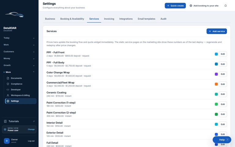 Service catalog listing active detailing services, packages, add-ons, duration, and base pricing