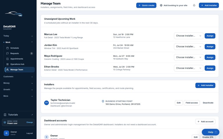 Team management screen showing synthetic owner, manager, and technician accounts with roles and status