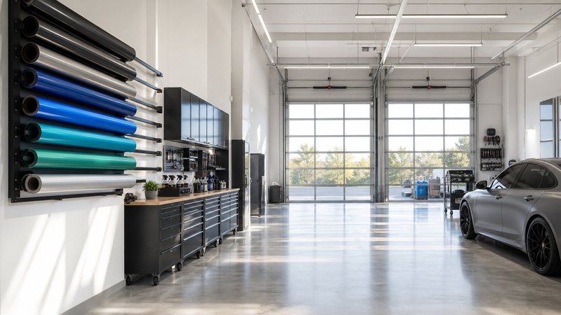 Bright, organized detailing bay with a tool wall, cabinets, and a car parked inside