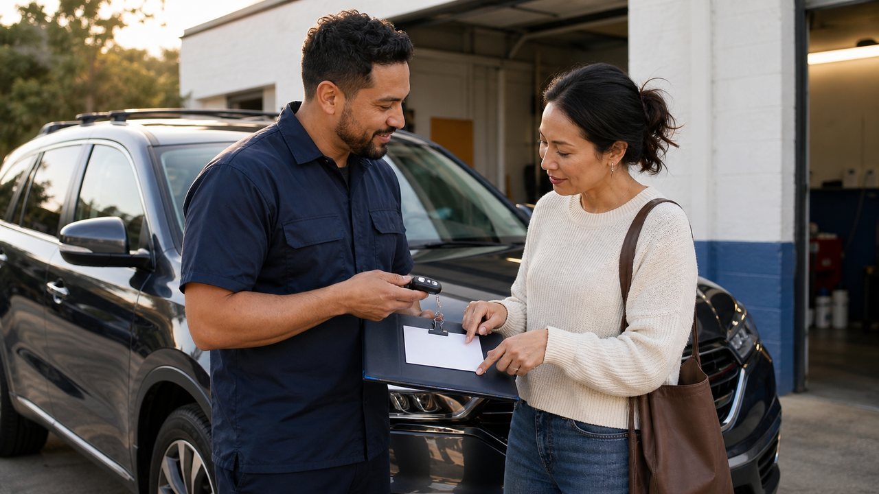 Illustrative generated scene of a detailer returning a vehicle key while reviewing a maintenance card with a repeat customer.