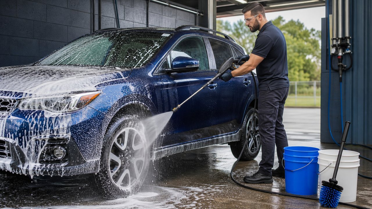 Illustrative generated scene of a detailer safely pressure-rinsing foam from a vehicle in a controlled wash bay.