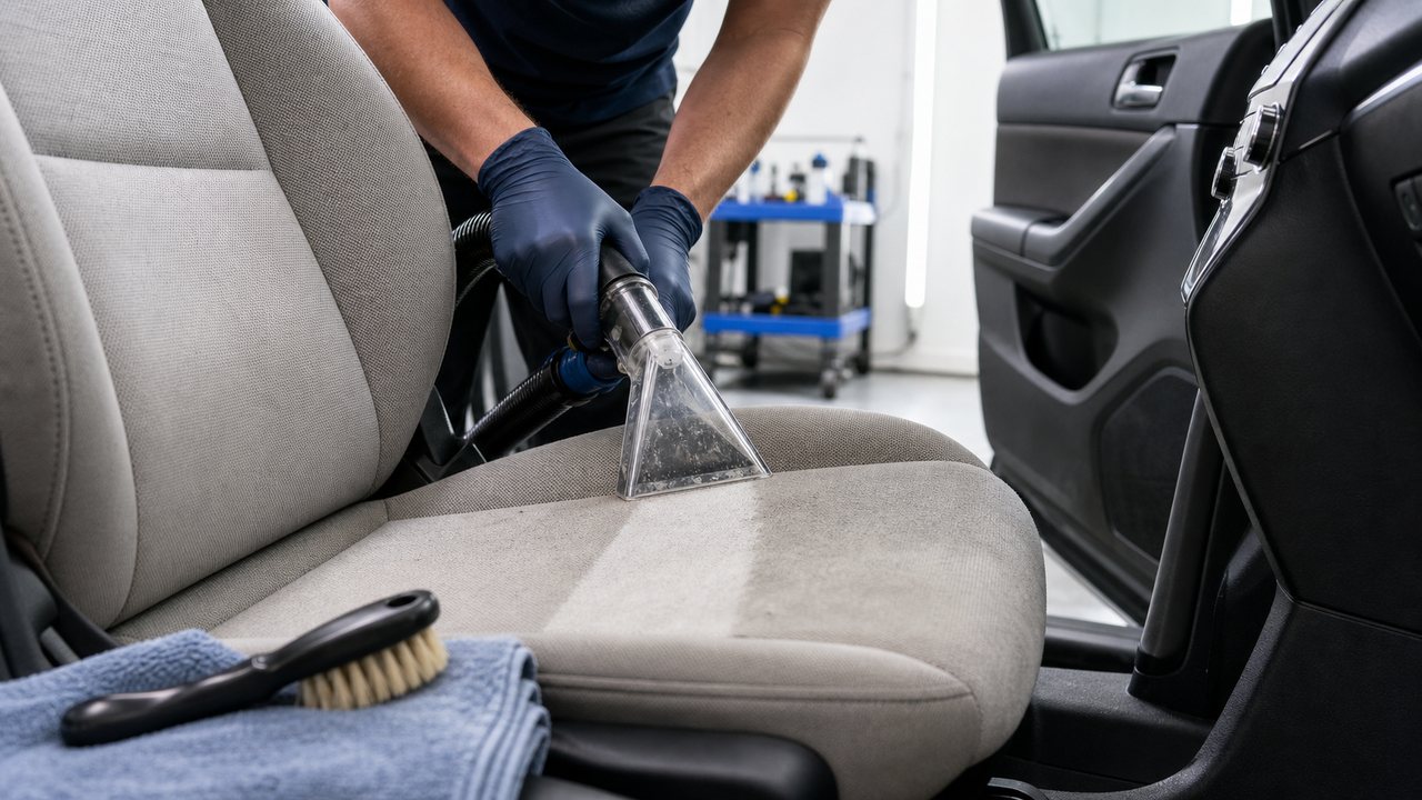 Illustrative generated close-up of a detailer extracting a visible soil line from a fabric vehicle seat.