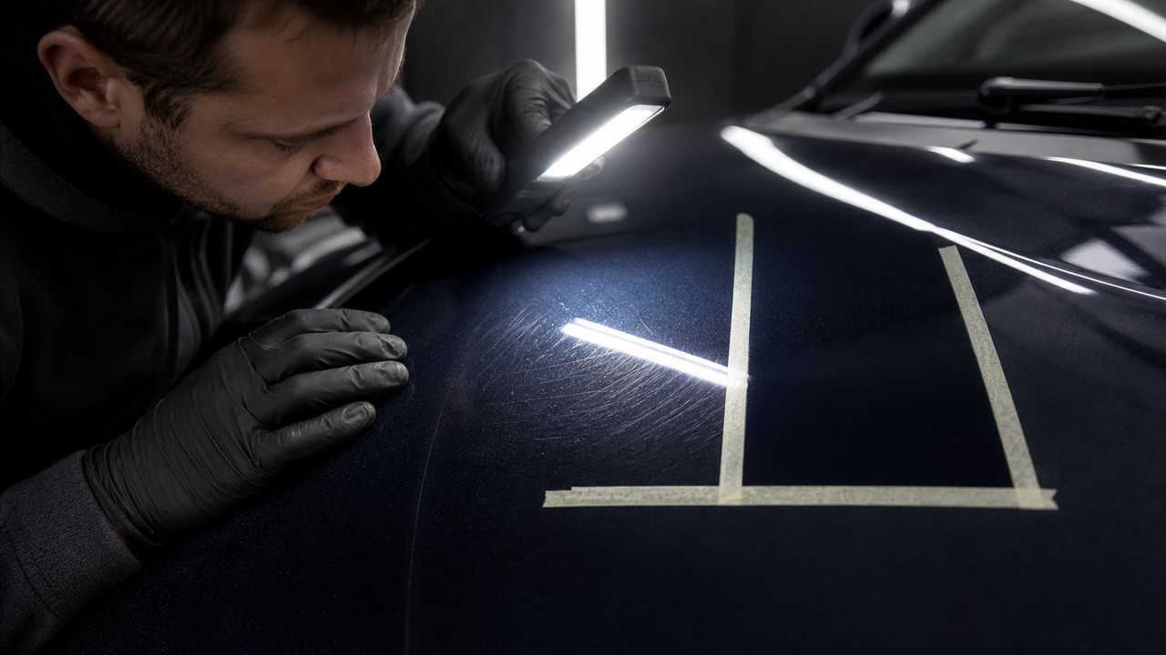 Illustrative generated close-up of a detailer inspecting swirl marks and a corrected test area under a paint light.