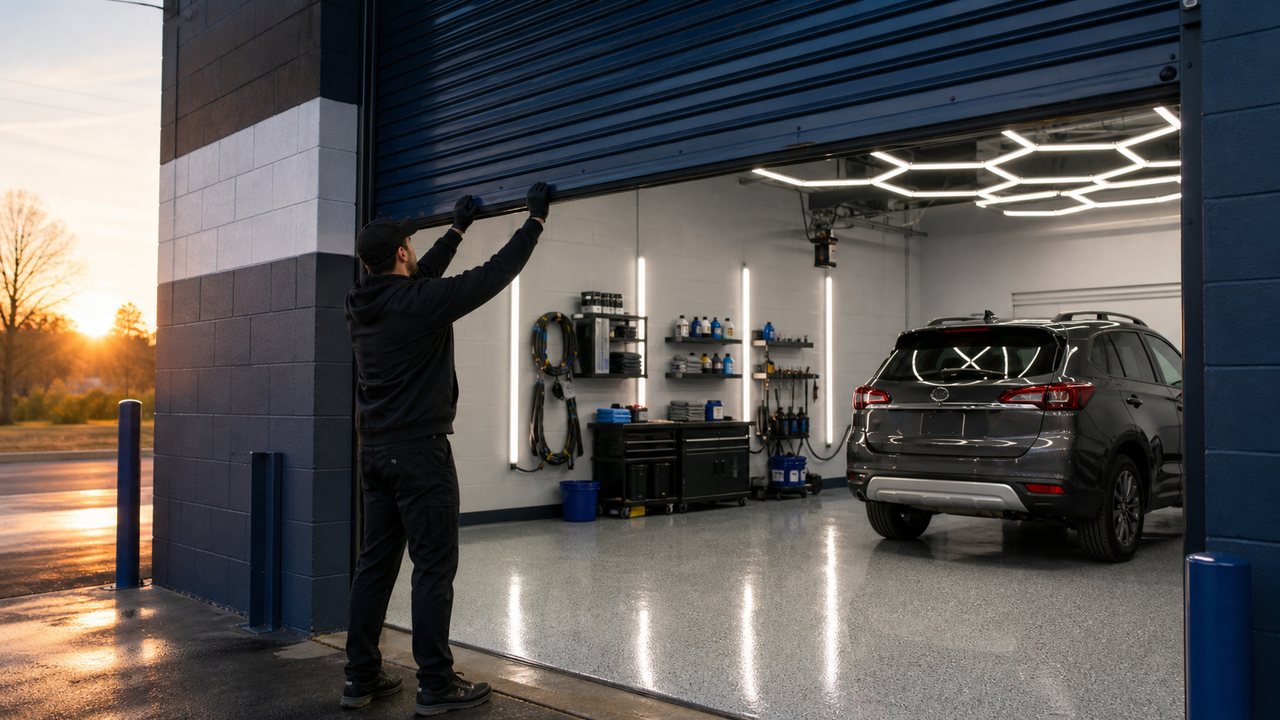 Illustrative generated scene of a detailing-shop owner opening a clean, fully prepared work bay at sunrise.