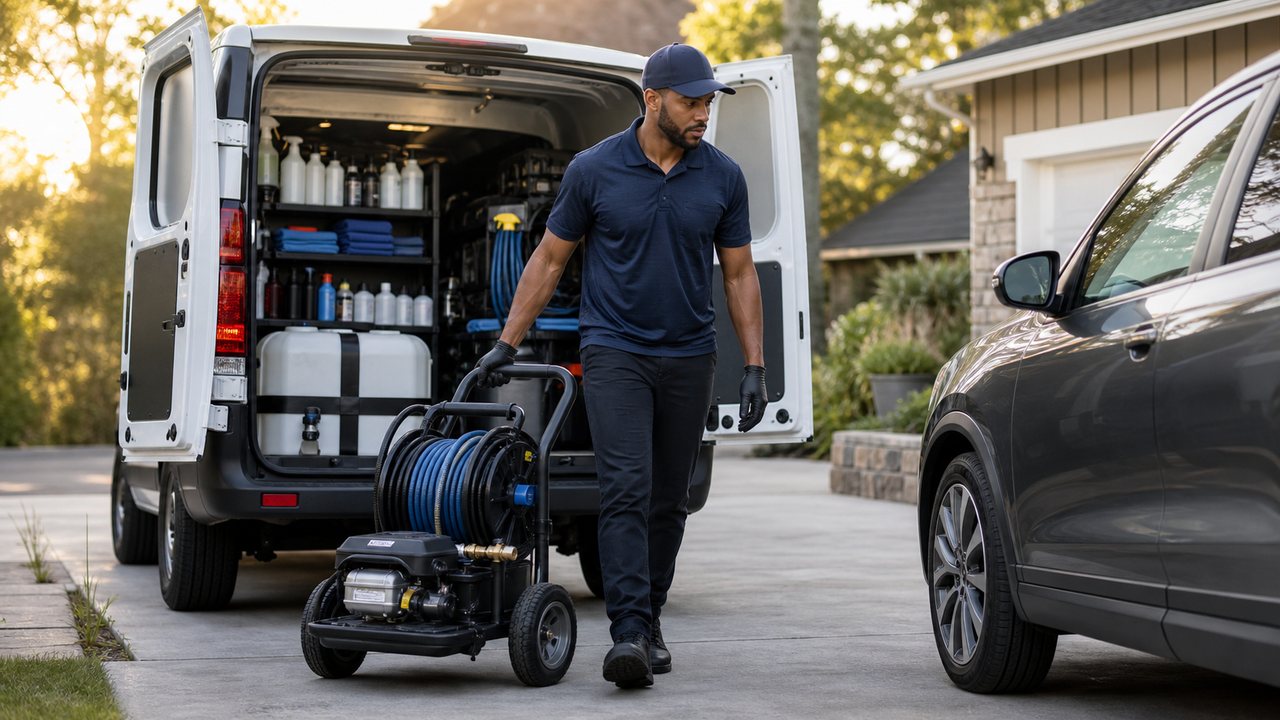 A mobile detailer unloading an organized service vehicle beside a customer car